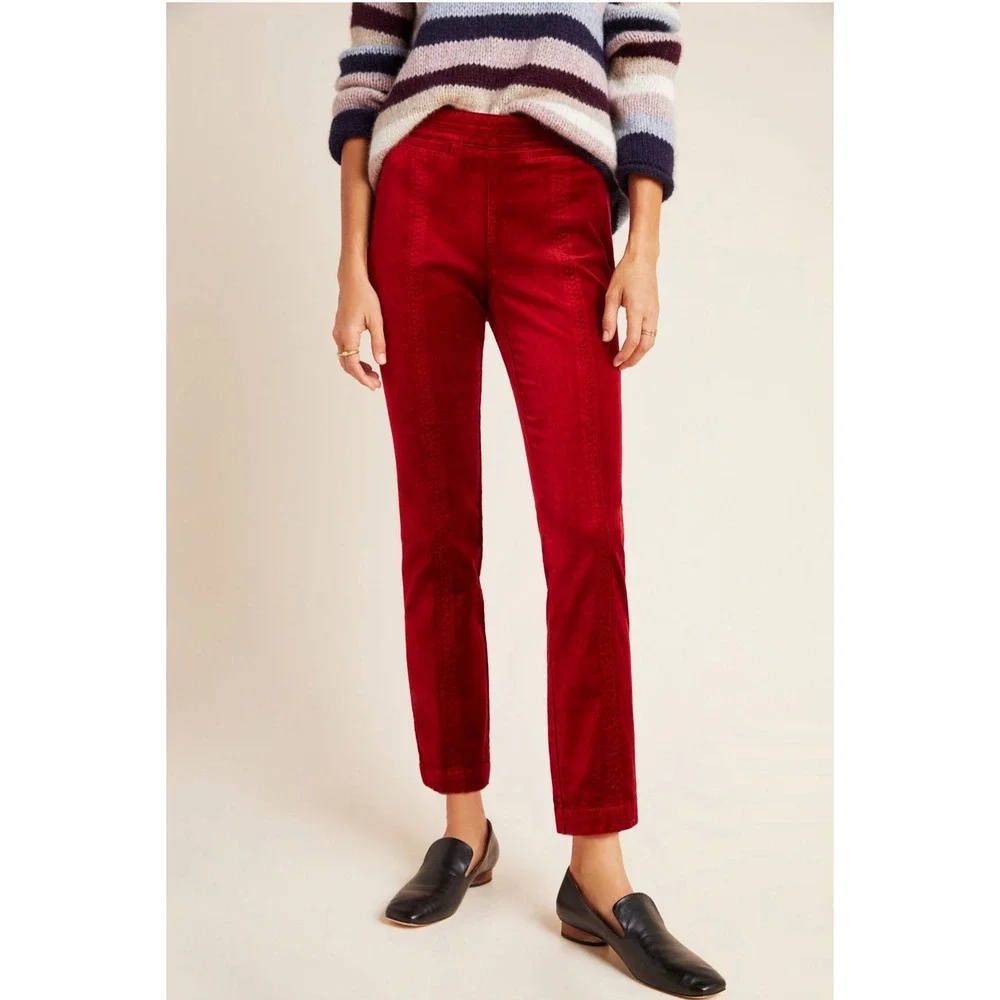 Anthropologie The Essential‎ Velvet Slim Trousers in Soft Red Size 6